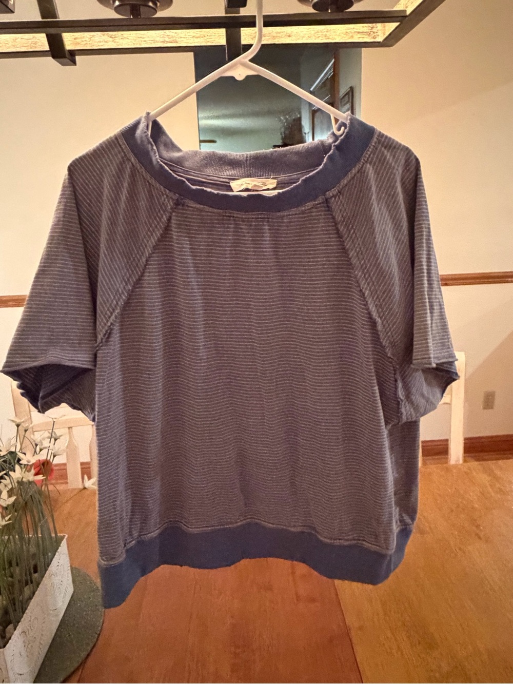 Doe & Rae Blue Striped Short Sleeve Sweatshirt Raw Edge Pullover